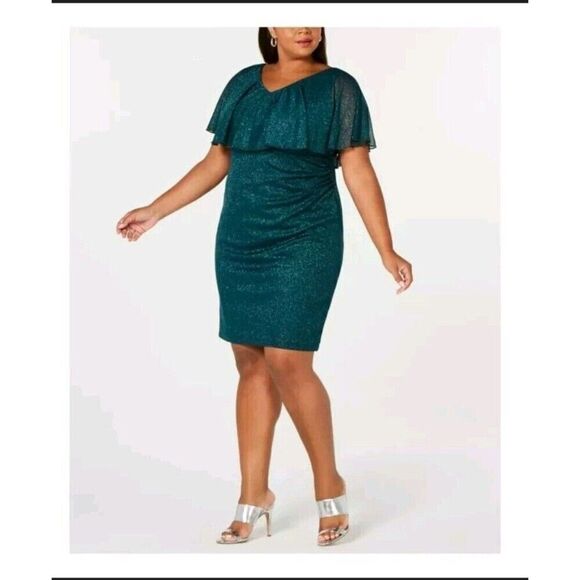 Connected Apparel Dress Hunter Green Glitter Short Sleeve V-Neck Size 22W - Picture 1 of 9